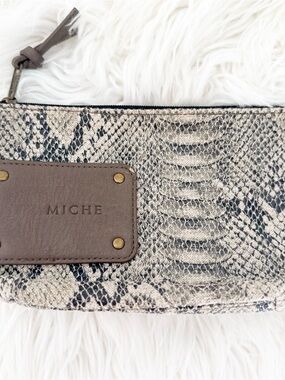 Miche Snake-Print Clutch in Taupe and Black